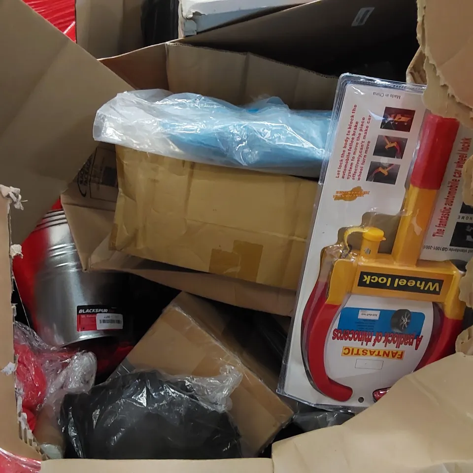 PALLET TO CONTAIN ASSORTED HOUSEHOLD ITEMS AND CONSUMER PRODUCTS. INCLUDES WHEEL LOCK, BUCKET, OUTDOOR CHRISTMAS DECORATIONS, BOXED FURNITURE ETC