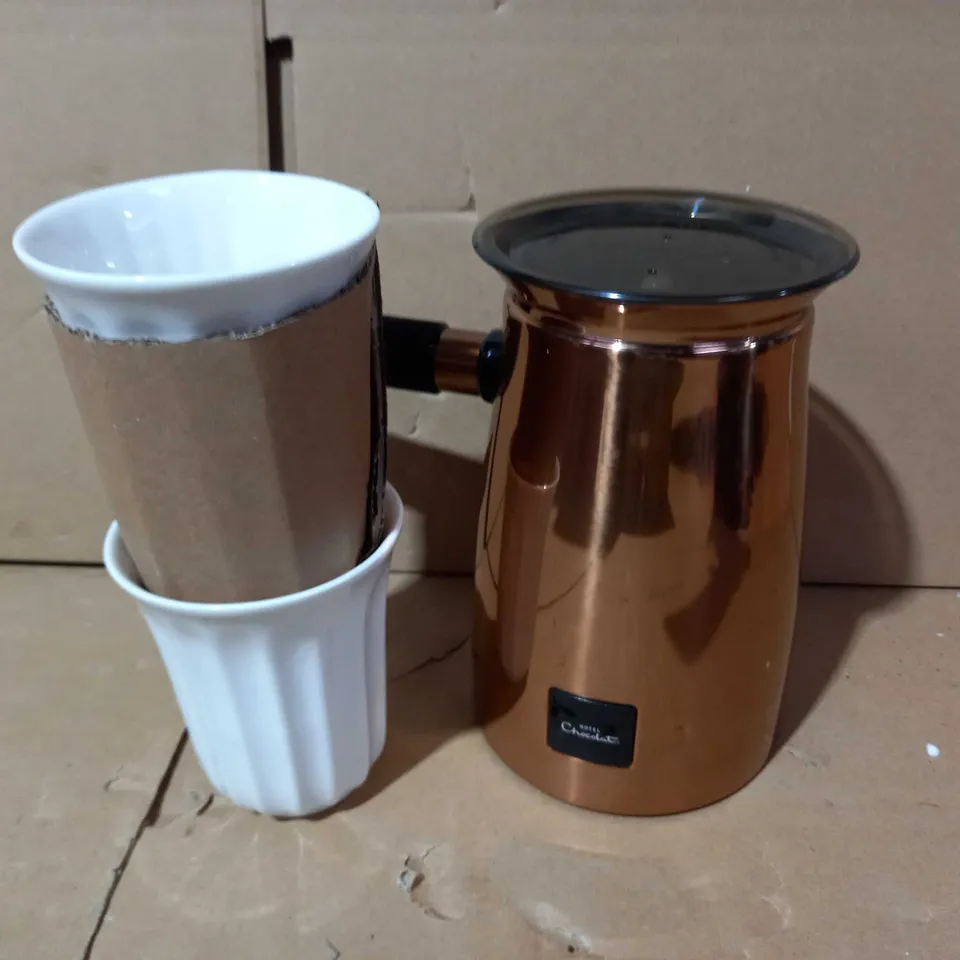 HOTEL CHOCOLAT VELVETISER WITH 2 TINS WITH FLAKES & POD CUPS