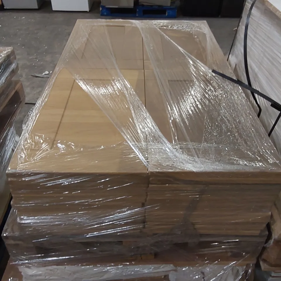 PALLET OF APPROXIMATELY 135 BRAND NEW CANTERBURY LISSA OAK KITCHENS/BEDROOM REPLACEMENT CABINET DOOR/DRAWER/END PANELS IN ASSORTED SIZES TO INCLUDE;