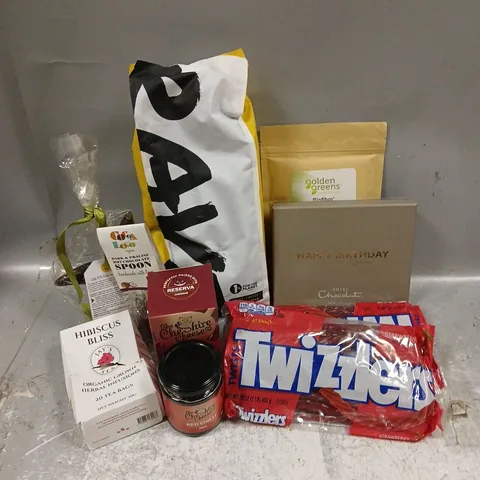 APPROXIMATELY 12 ASSORTED FOOD & DRINK ITEMS TO INCLUDE - HOTEL CHOCOLAT HAPPY BIRTHDAY BOX - TWIZZLERS STRAWBERRY - THE CHESHIRE CHEESE RED CHILLI JAM - ETC