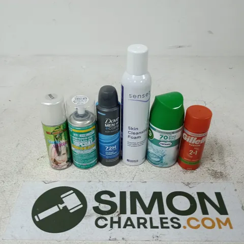 APPROXIMATELY 15 ASSORTED AEROSOLS TO INCLUDE SENSET SKIN CLEANSING FOAM, AIRWICK NENUCO, DOVE MEN CARE, ETC