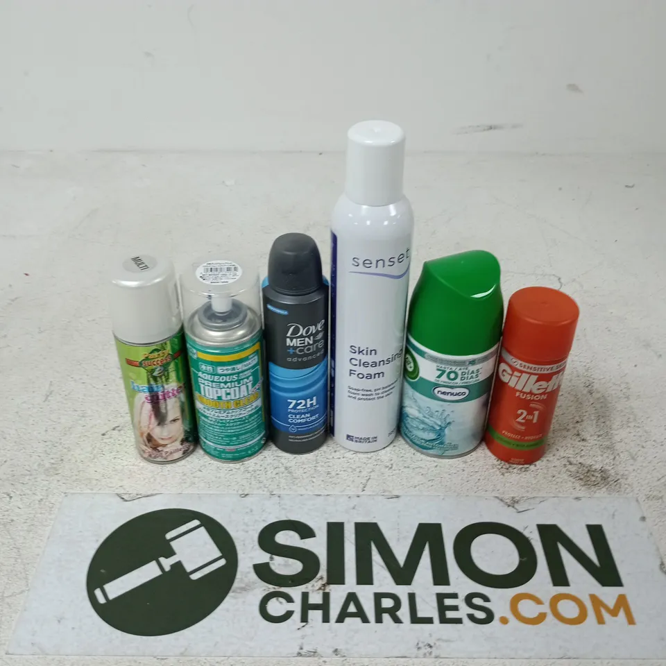 APPROXIMATELY 15 ASSORTED AEROSOLS TO INCLUDE SENSET SKIN CLEANSING FOAM, AIRWICK NENUCO, DOVE MEN CARE, ETC
