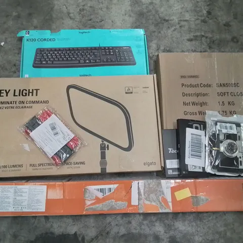 PALLET CONTAINING ASSORTED HOUSEHOLD PRODUCTS INCLUDING LOGITECH CORDED KEYBOARD, KEY LIGHT, SOFT CLOSE SEAT, PHONE CASES, CONTOUR RULER & SAFETY GATE