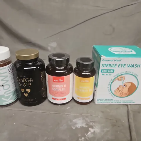 HEALTH & BEAUTY ASSORTMENT: OMEGA 3-6-9, VITAMIN B COMPLEX, VITAMIN D CAPSULES & GENERAL MEDI STERILE EYE WASH 