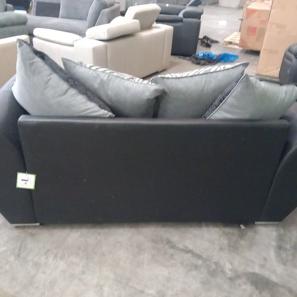 DESIGNER GREY FABRIC AND BLACK SUEDE EFFECT TWO SEATER SOFA WITH SCATTER CUSHIONS