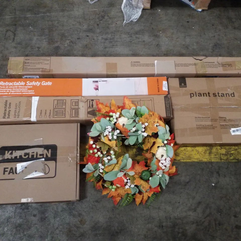 PALLET CONTAINING ASSORTED PRODUCTS INCLUDING RETRACTABLE  SAFETY GATE, LED LIGHTING, KITCHEN FAUCET, GARLAND & PLANT STAND