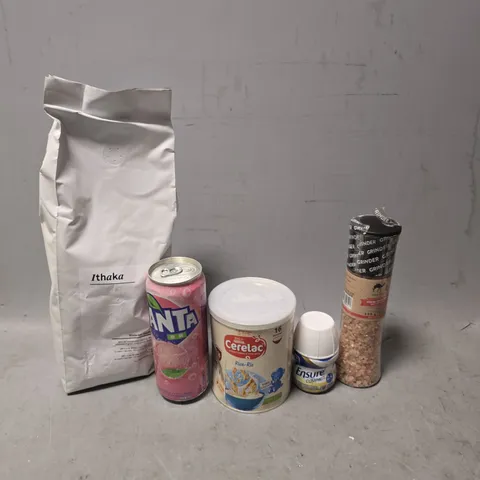 APPROXIMATELY 7 ASSORTED FOOD & DRINK ITEMS TO INCLUDE - FANTA , ITHANKA WATERLOO ESPRESSO , SILK ROUTE HIMALAYAN PINK ETC