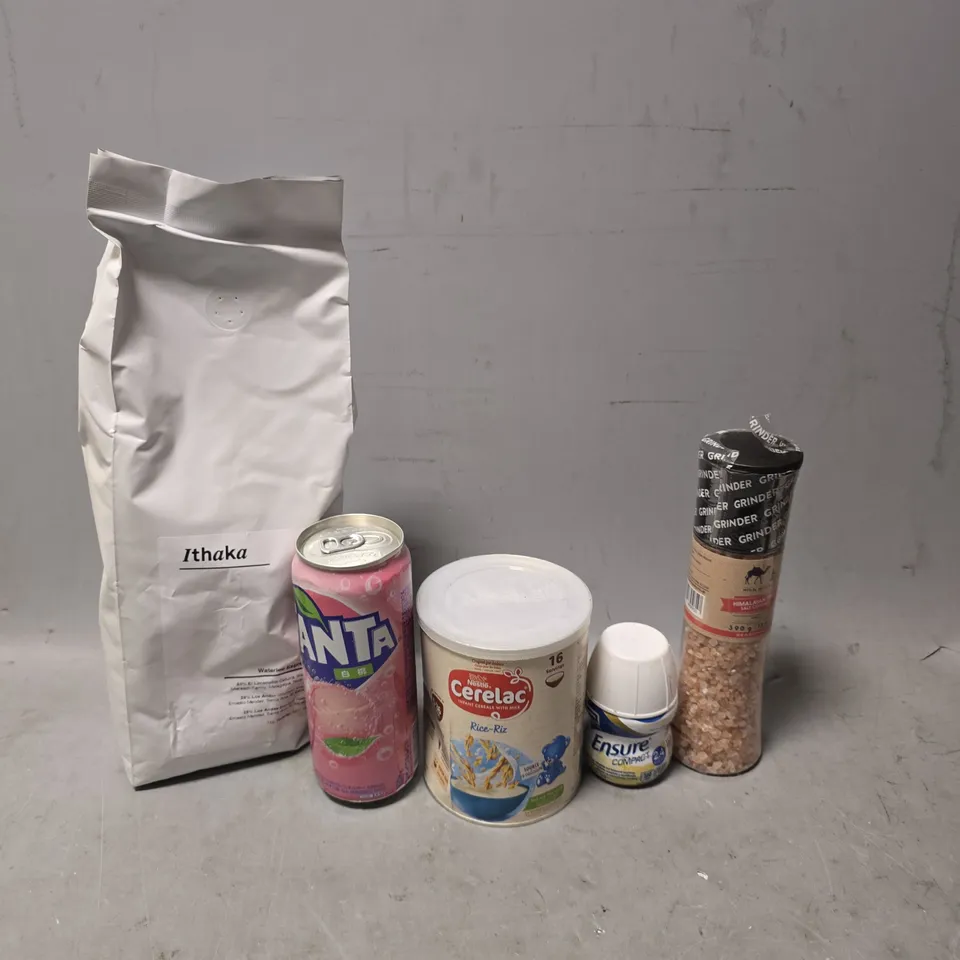 APPROXIMATELY 7 ASSORTED FOOD & DRINK ITEMS TO INCLUDE - FANTA , ITHANKA WATERLOO ESPRESSO , SILK ROUTE HIMALAYAN PINK ETC