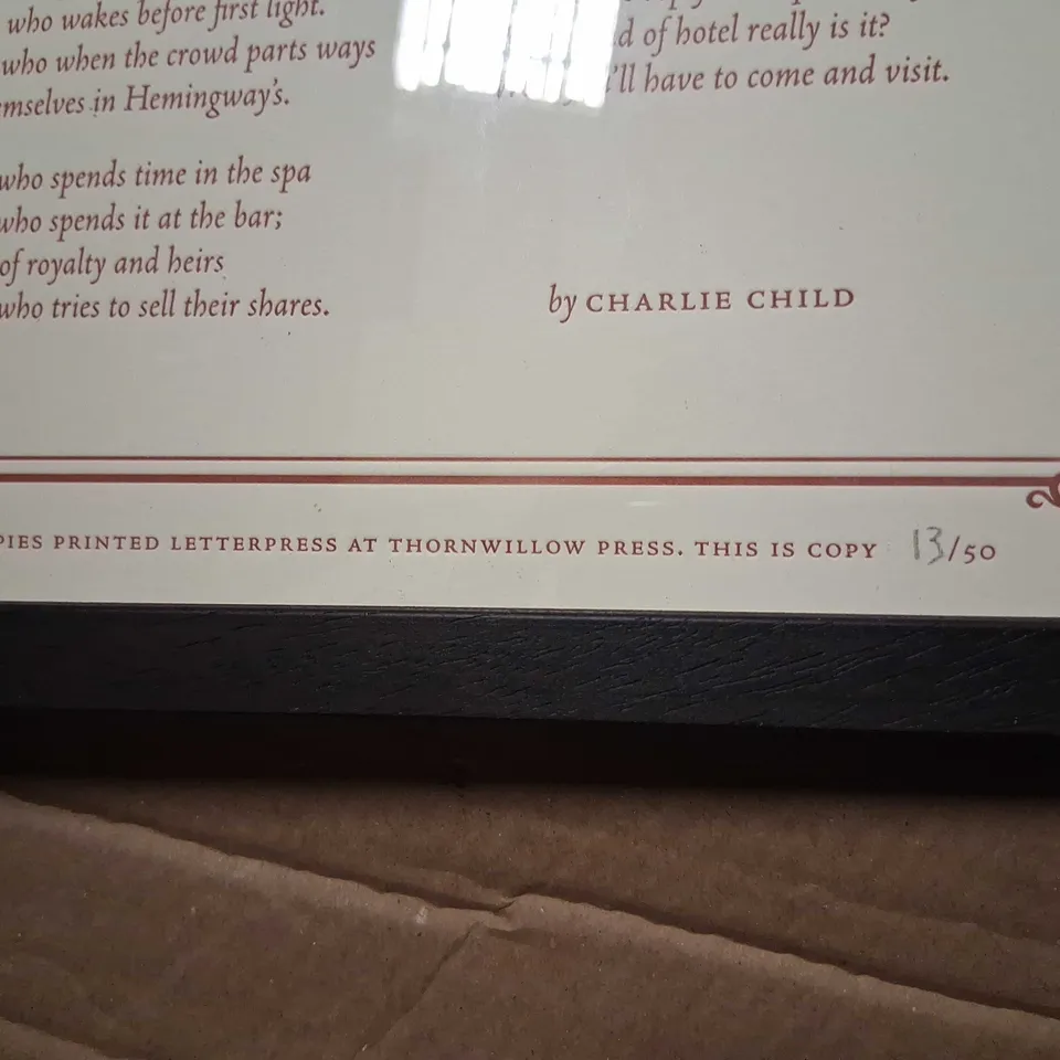 FRAMED THE GRAND SHUTTLECOCK HOTEL – LIMITED EDITION LETTERPRESS PRINT BY CHARLIE CHILD