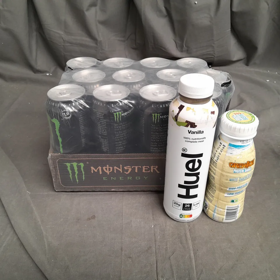 14 ASSORTED FOOD ITEMS TO INCLUDE MONSTER ENERGY, HUEL VANILLA FOOD DRINK AND GRENADE WHITE CHOCOLATE PROTEIN SHAKE- COLLECTION ONLY