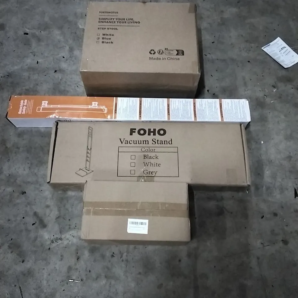 PALLET OF HOUSEHOLD ITEMS TO INCLUDE SHOWER CADDY, VACUUM STAND, RETRACTABLE SAFETY GATE, STEP STOOL AND OTHER ASSORTED ITEMS...