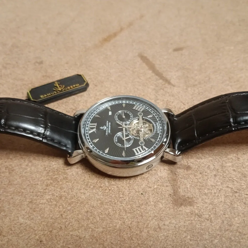 SAMUEL JOSEPH AUTOMATIC SKELETON DIAL WRISTWATCH – BLACK LEATHER STRAP, BOXED