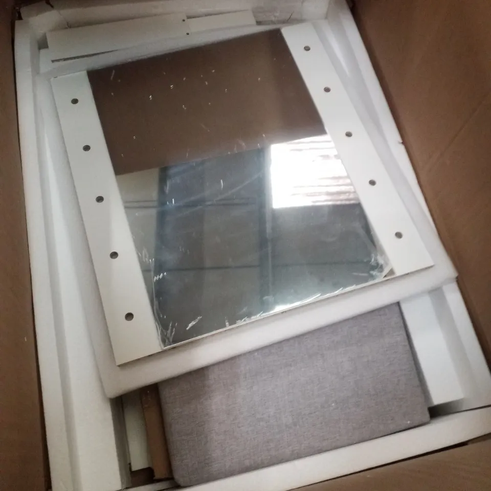 BOXED COSTWAY VANITY DESK WITH MIRROR AND LIGHTS - WHITE/ GREY STOOL CUSHION