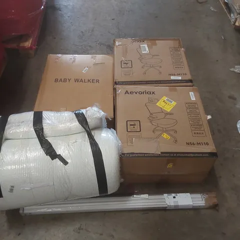 PALLET OF ASSORTED ITEMS INCLUDING: OFFICE CHAIRS, BLINDS, BABY WALKER, MATTRESS/TOPPER (UNSPECIFIED) CART ECT