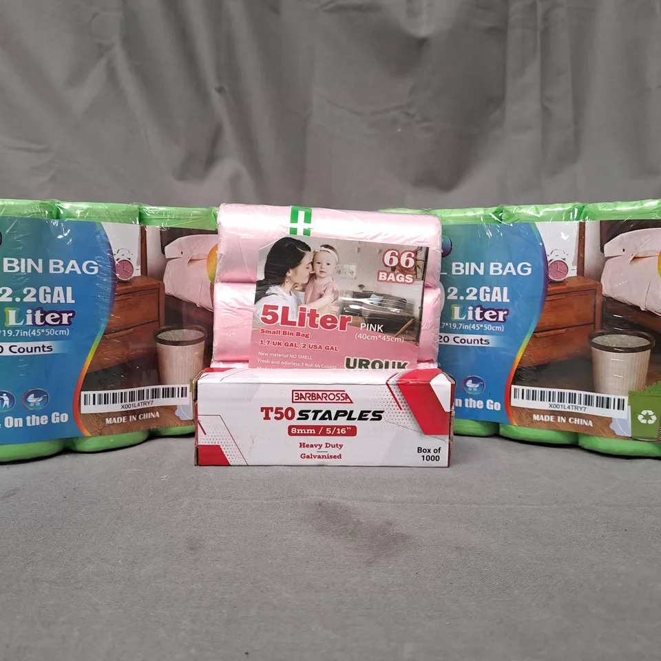 APPROXIMATELY 10 ASSORTED HOUSEHOLD ITEMS TO INCLUDE BIN BAGS, STAPLES, ETC