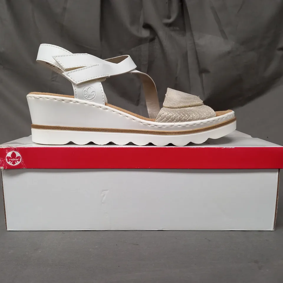BOXED PAIR OF RIEKER STRAPPY SANDALS IN WHITE SIZE 6.5