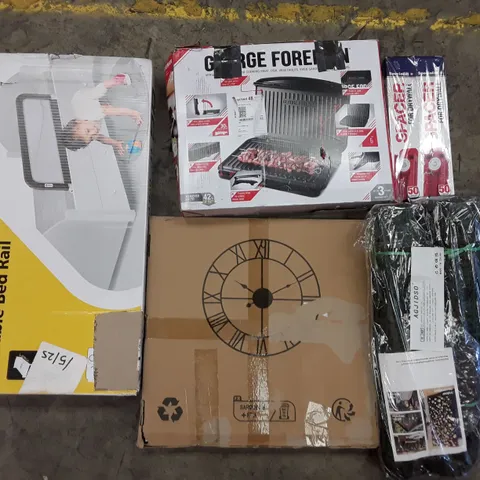 PALLET TO CONTAIN AN ASSORTMENT OF HOUSEHOLD ITEMS TO INCLUDE GEORGE FORMAN GRILL, WALL CLOCK SPACERS FOR DRY WALL AND PORTABLE BED RAIL ECT