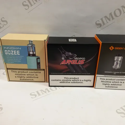 BOX OF APPROXMATELY 28 E-CIGARETTES AND LIQUIDS TO INCLUDE GEEKVAPE Z SUBOHM SE TANK, VOOPOO ARGUS, INNOKIN GOZEE, ETC