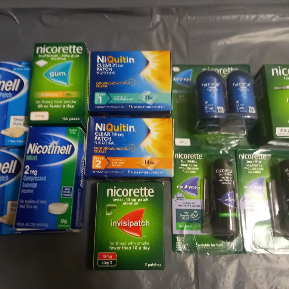 LOT OF ASSORTED QUITTING SMOKING AIDS TO INCLUDE NICORETTE AND NIQUITIN