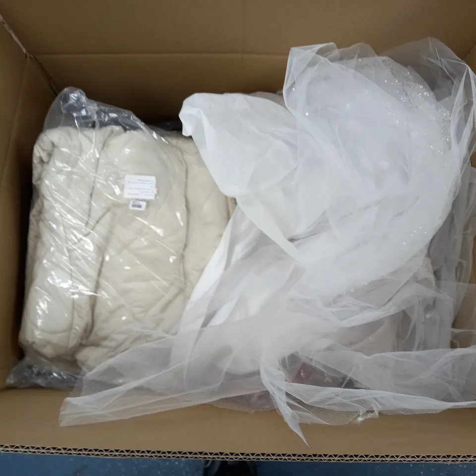 LARGE BOX OF ASSORTED CLOTHING ITEMS IN VARIOUS COLOURS AND SIZES INCLUDING TROUSERS , TOPS AND JUMPERS