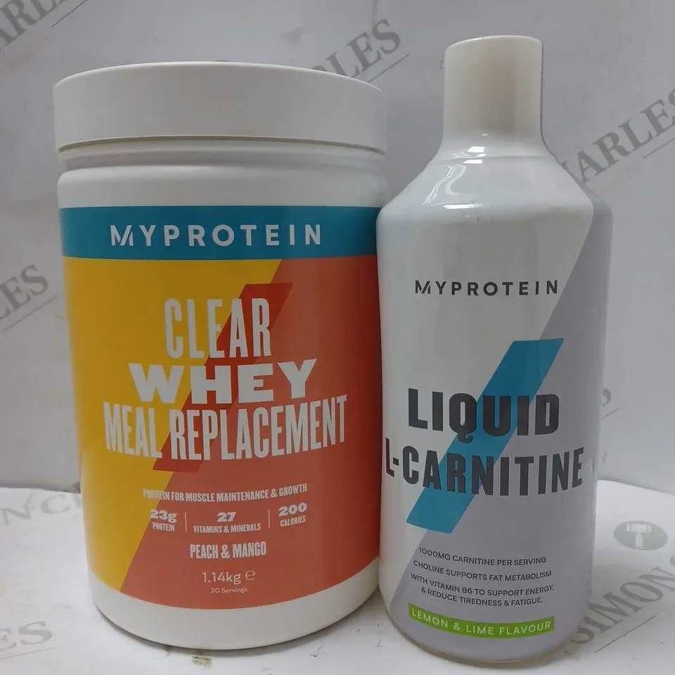 LOT OF 2 MYPROTEIN PRODUCTS TO INCLUDE CLEAR WHEY MEAL REPLACEMENT 1.14KG & LIQUID L-CARNITINE LEMON/LIME FLAVOUR 1L