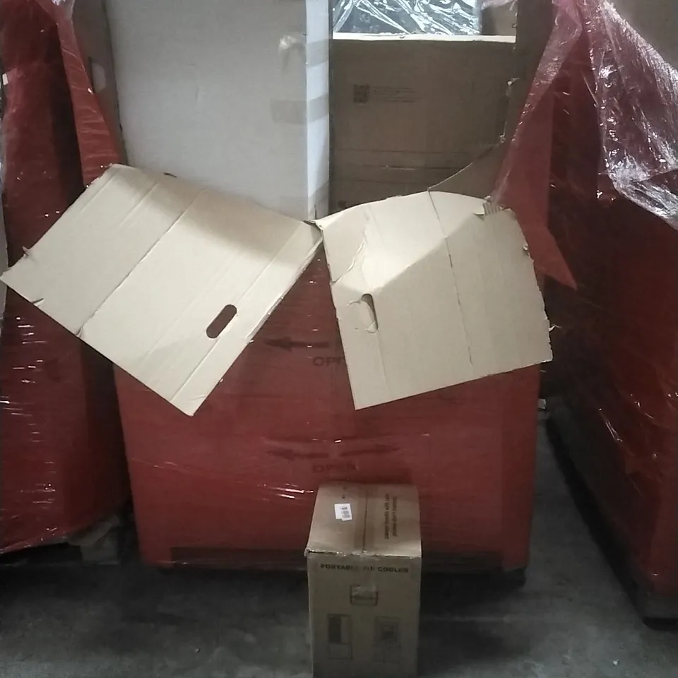 A PALLET CONTAINING ASSORTED HOUSEHOLD GOODS AND PRODUCTS TO INCLUDE; PORTABLE AIR COOLER, COOLING MAT FOR PETS, BOXED FURNITURE ETC