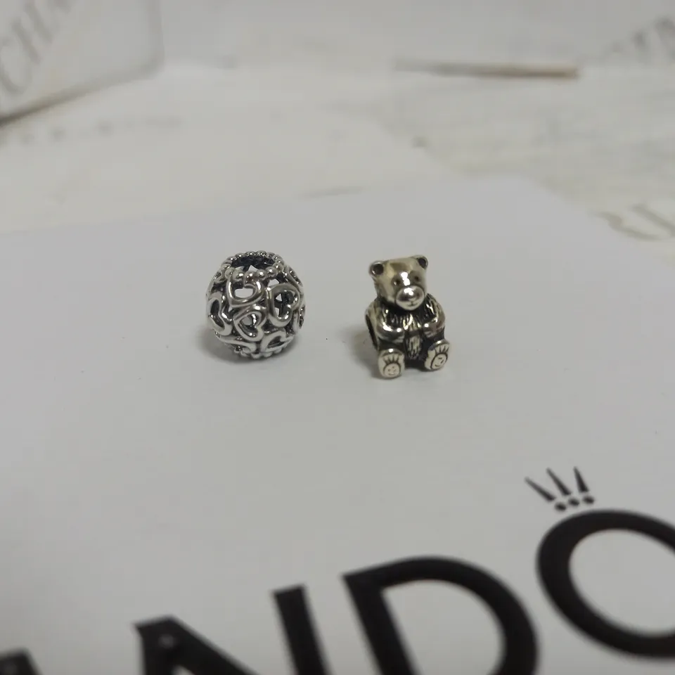 PAIR OF PANDORA CHARMS (HEARTS + TEDDY BEAR)