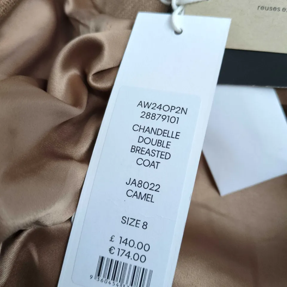 FOREVER NEW CHANDELLE WOOL-BLEND DOUBLE-BREASTED COAT IN CAMEL - UK SIZE 8