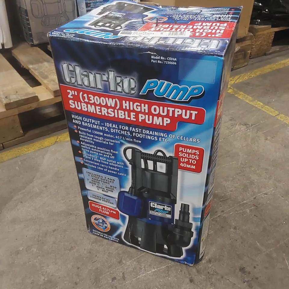 BOXED CLARKE CSV4A 2" 1300W 417LPM 11M HEAD SUBMERSIBLE PUMP WITH FLOAT SWITCH (230V)