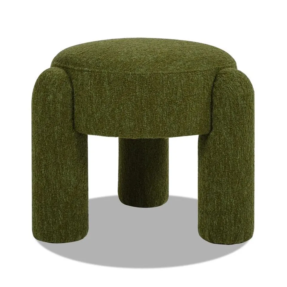 BOXED JENNIFER TAYLOR HUGO 20.5" ROUND FULLY UPHOLSTERED OTTOMAN, MOSS GREEN BOUCLÉ (1 BOX)