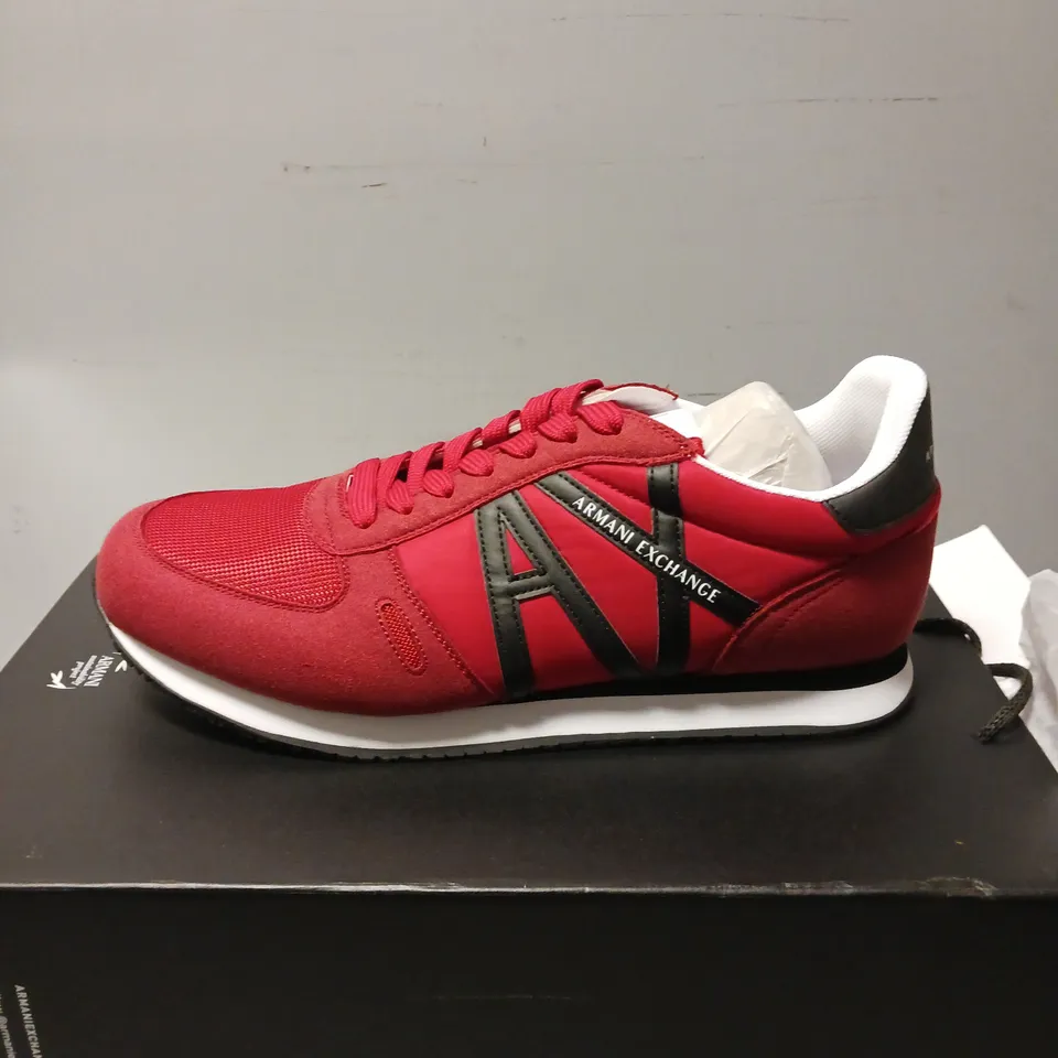 BOXED PAIR OF EMPORIO ARMANI SNEAKERS, RED - UK SIZE 9