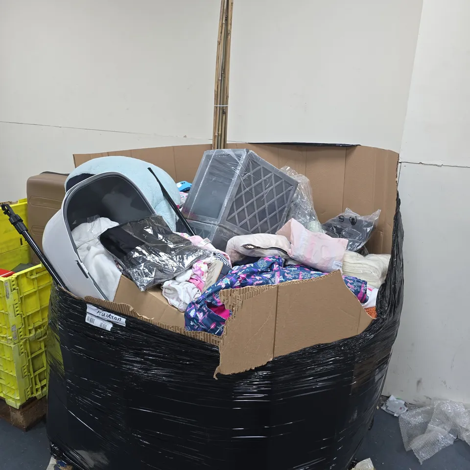 PALLET TO CONTAIN A LARGE ASSORTMENT OF HOUSEHOLD ITEMS TO INCLUDE CLOTHES, ETC - COLLECTION ONLY