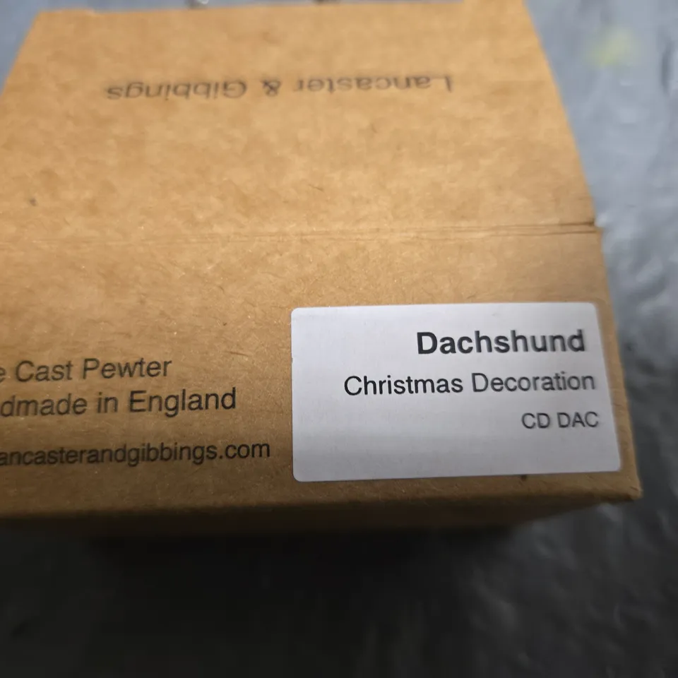 DACHSHUND CHRISTMAS DECORATION BY LANCASTER & GIBBINGS – PEWTER, HANDMADE IN ENGLAND