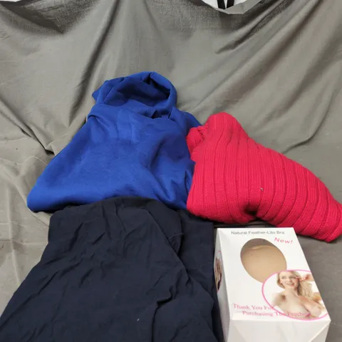 BOX OF APPROXIMATELY 22 ASSORTED CLOTHING ITEMS TO INCLUDE BLUE HOODIE, RED KNITTED JUMPER, NEXT BLACK T SHIRT, BRA ETC