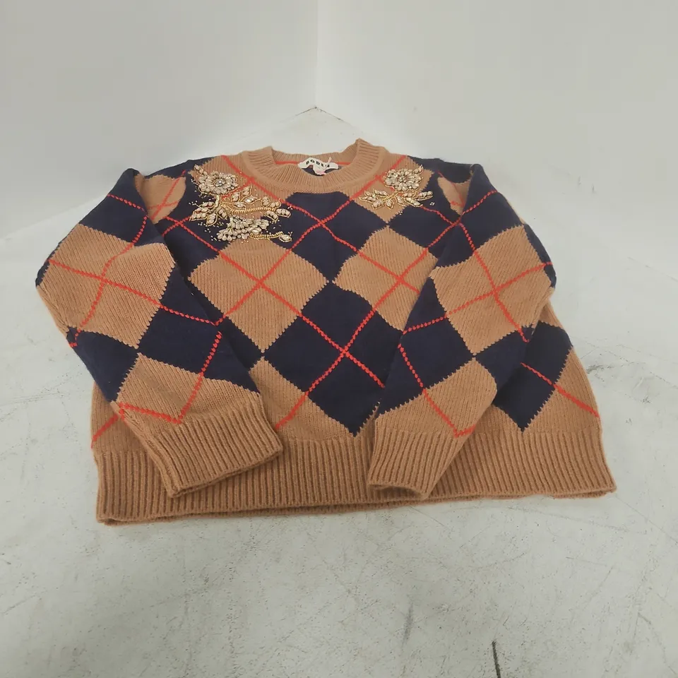 BODEN KNITTED ARGYLE JUMPER – MENS BROWN/NAVY, UK MEDIUM (M)