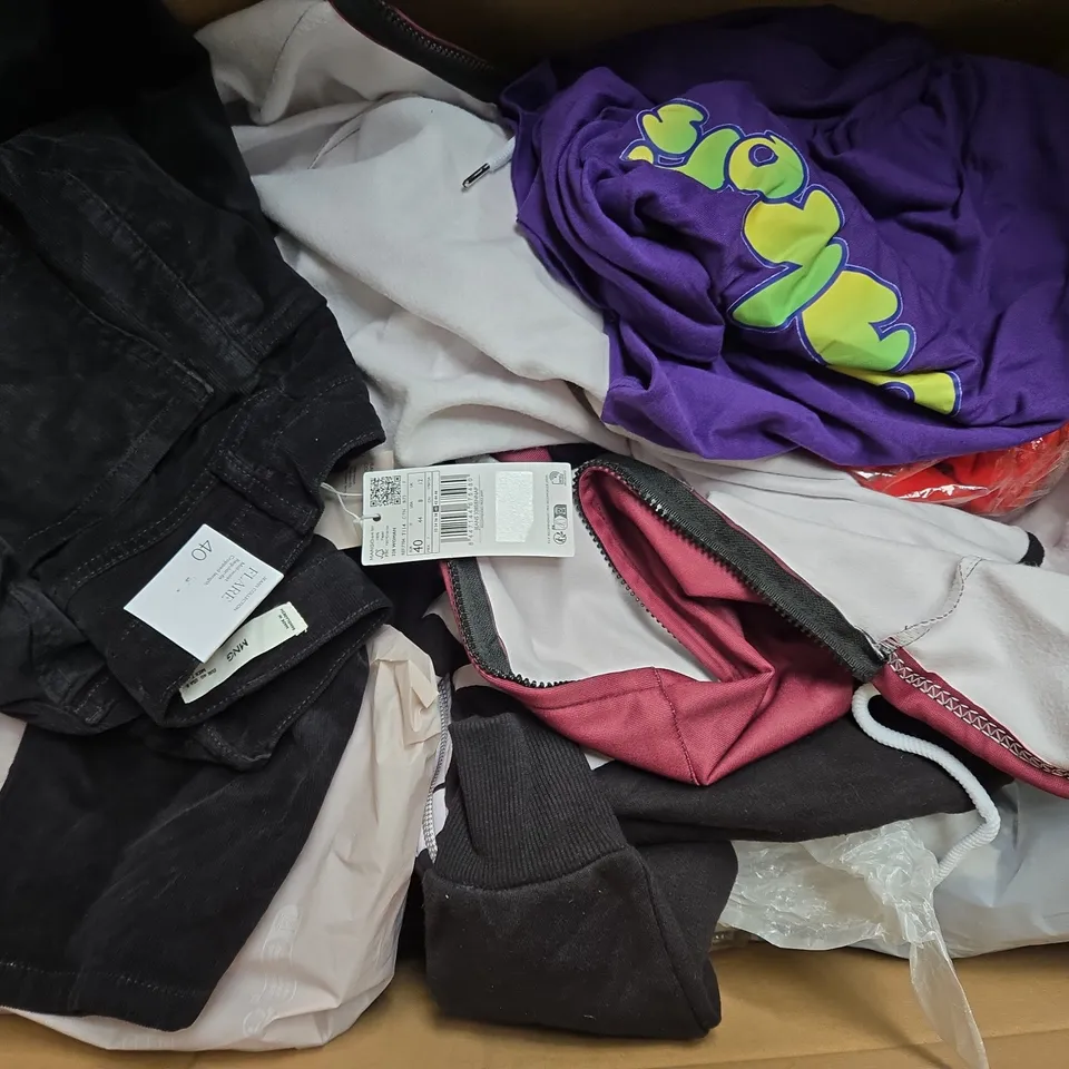 BOX OF ASSORTED CLOTHING IN DIFFERENT STYLES AND SIZES / COLLECTION ONLY 