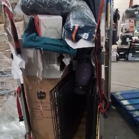 CAGE OF ASSORTED HOUSEHOLD GOODS AND PRODUCTS TO INCLUDE;DOG CAGES,LUGG TRAVEL CABIN BAGS,YOGA MATS