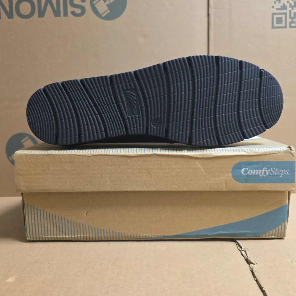 BOXED PAIR OF COMFY STEPS YVONNE WEDGE LOAFERS IN MIDNIGHT NAVY SIZE 8