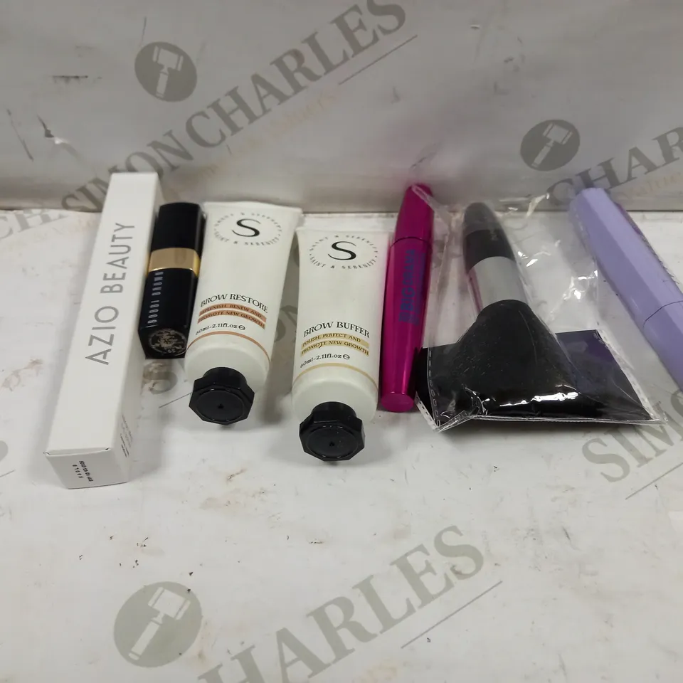 LOT OF 7 MAKE-UP PRODUCTS TO INCLUDE AZIO BEAUTY INTENSE LIFTING EYE SERUM, THE FALSIES SURREAL MAYBELINE MASCARA, BOBBI BROWN LIP COLOR BLUSH 65, ETC