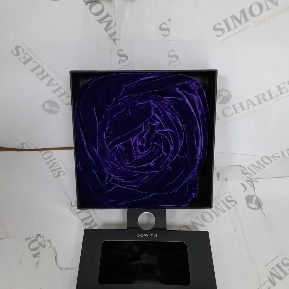 TWO ITEMS, JOHN LEWIS BLACK VELVET BOW TIE & BOXED LADYCROW HAND DIED SILK VELVET SCALF