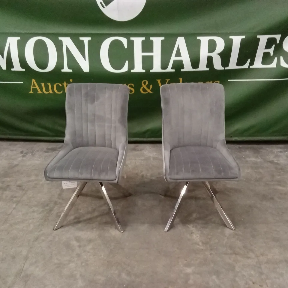 SET OF 2 DESIGNER GREY VELVET DINING CHAIRS WITH CHROME LEGS
