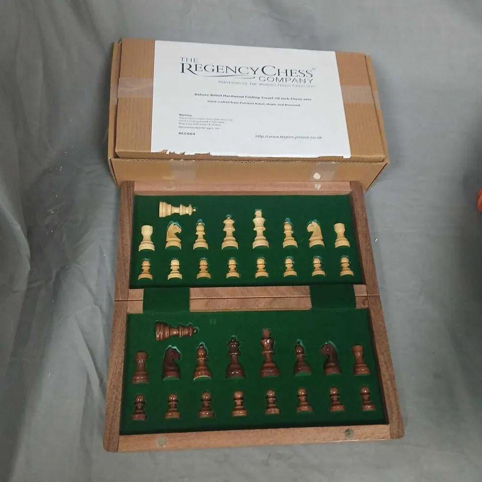 THE REGENCY CHESS COMPANY DELUXE BABUL HARDWOOD FOLDING TRAVEL CHESS SET – 10 INCH