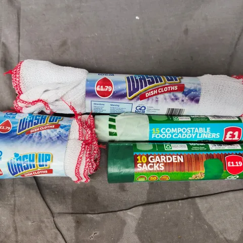 APPROXIMATELY 10 ASSORTED HOUSEHOLD ITEMS TO INCLUDE DISH CLOTHS, GARDEN SACKS, ETC