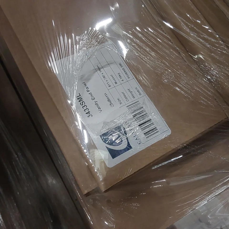 PALLET CONTAINING A LARGE QUANTITY OF ASSORTED BATHROOM FURNITURE PANELS INCLUDING: CHILTERN BASE DOORS, VANITY END PANELS, TALL WALL END/INFILL PANEL, PULL OUT TOILET ROLL HOLDER ECT