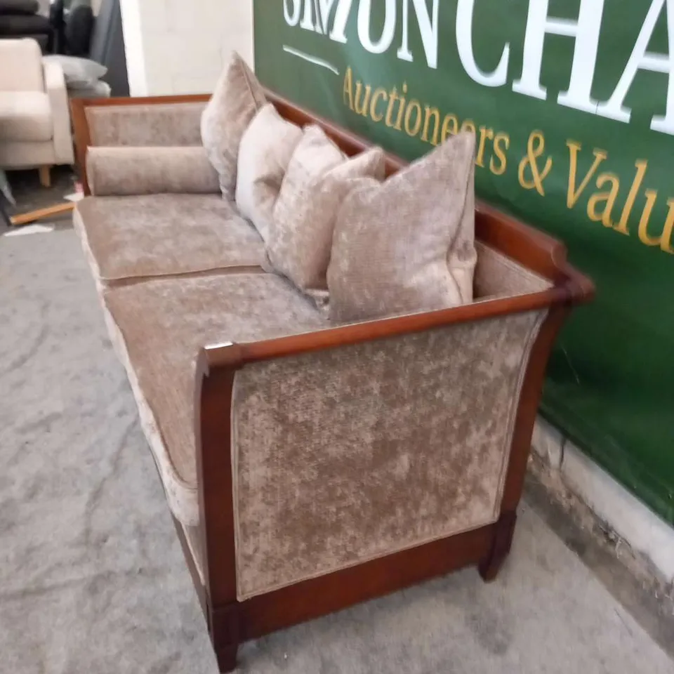 DESIGNER MAHOGANY FRAMED SOFA IN LAID WITH LIGHT BROWN FABRIC