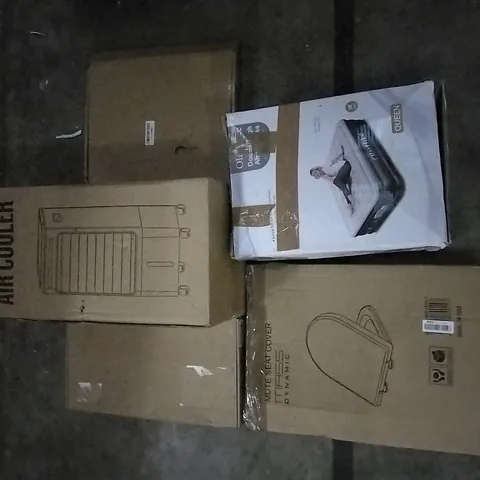PALLET OF ASSORTED PRODUCTS INCLUDING MASS DYNAMIC TOILET SEAT, AIR COOLER, NONSTICK WOK PAN, MECURATE SPIRIT LEVEL 600MM, OLARHIKE QUEEN AIR MATTRESS, WOLFWISE BENCH TENT