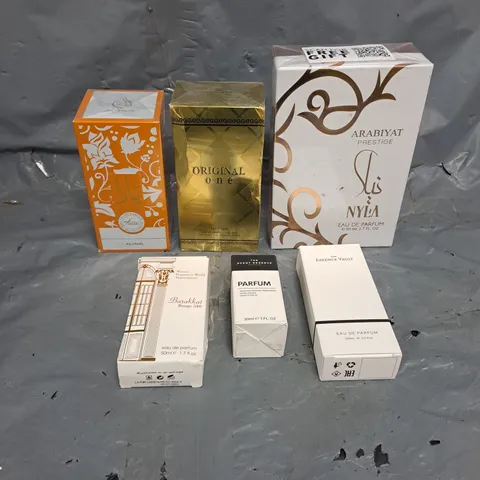 APPROXIMATELY 6 ASSORTED BOXED FRAGRANCES TO INCLUDE - THE ESSENCE FAULT, THE SCENT RESERVE, ARABIYAT PRESTIGE NYLA, ETC.