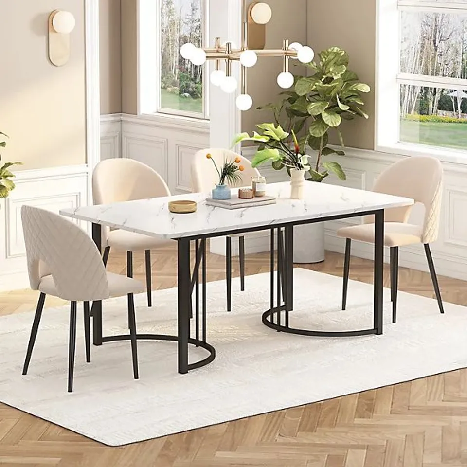 BOXED 140 × 80 CM MODERN DINING TABLE - RECTANGULAR MARBLE EFFECT TABLE WITH METAL FRAME - WHITE/BLACK (1 BOX)