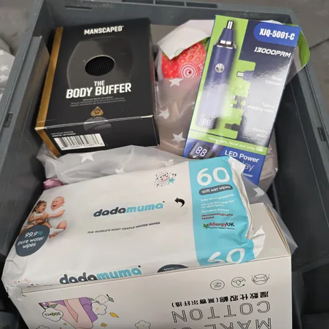 BOX OF ASSORTED ITEMS TO INCLUDE - NOSE TRIMER - MANSCAPED SCRUBBER - WIGS 