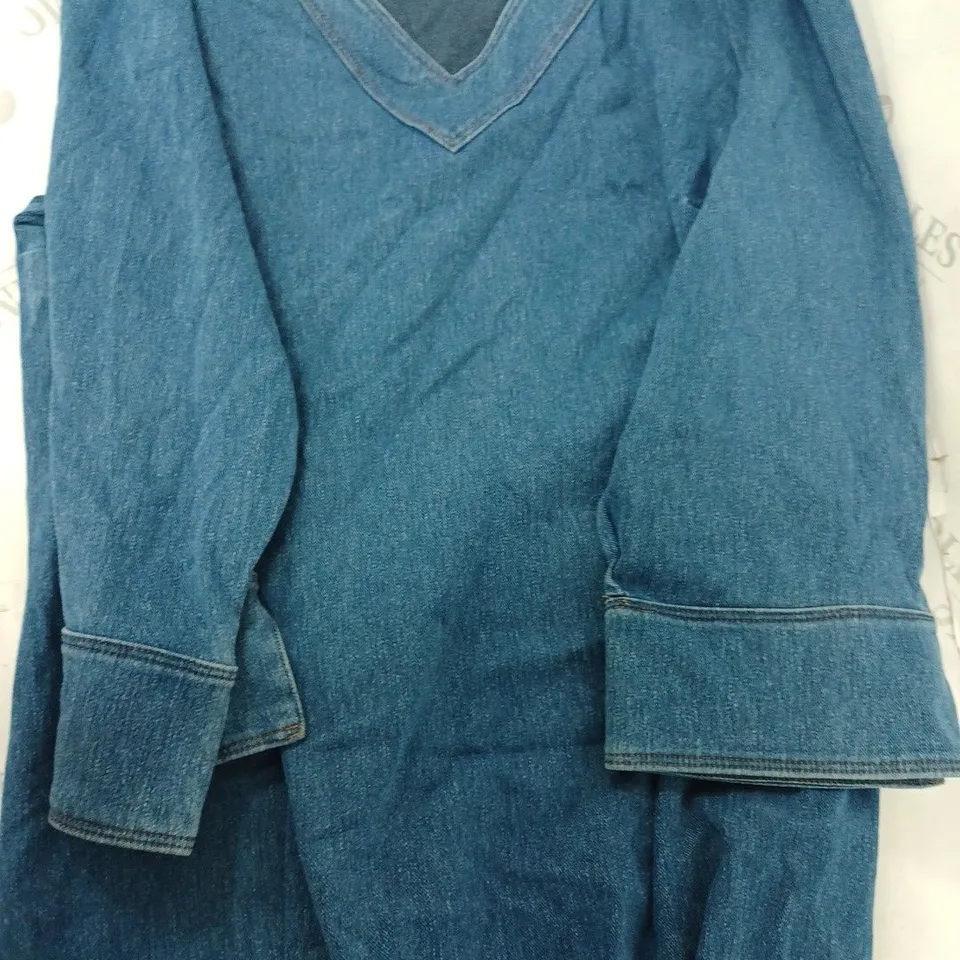 BOX OF MANY CLOTHES OF VARIED SIZES AND TYPES TO INCLUDEPLAIN BLACK AND WHITE STRIPED DRESS AND BLUE JEAN DRESS